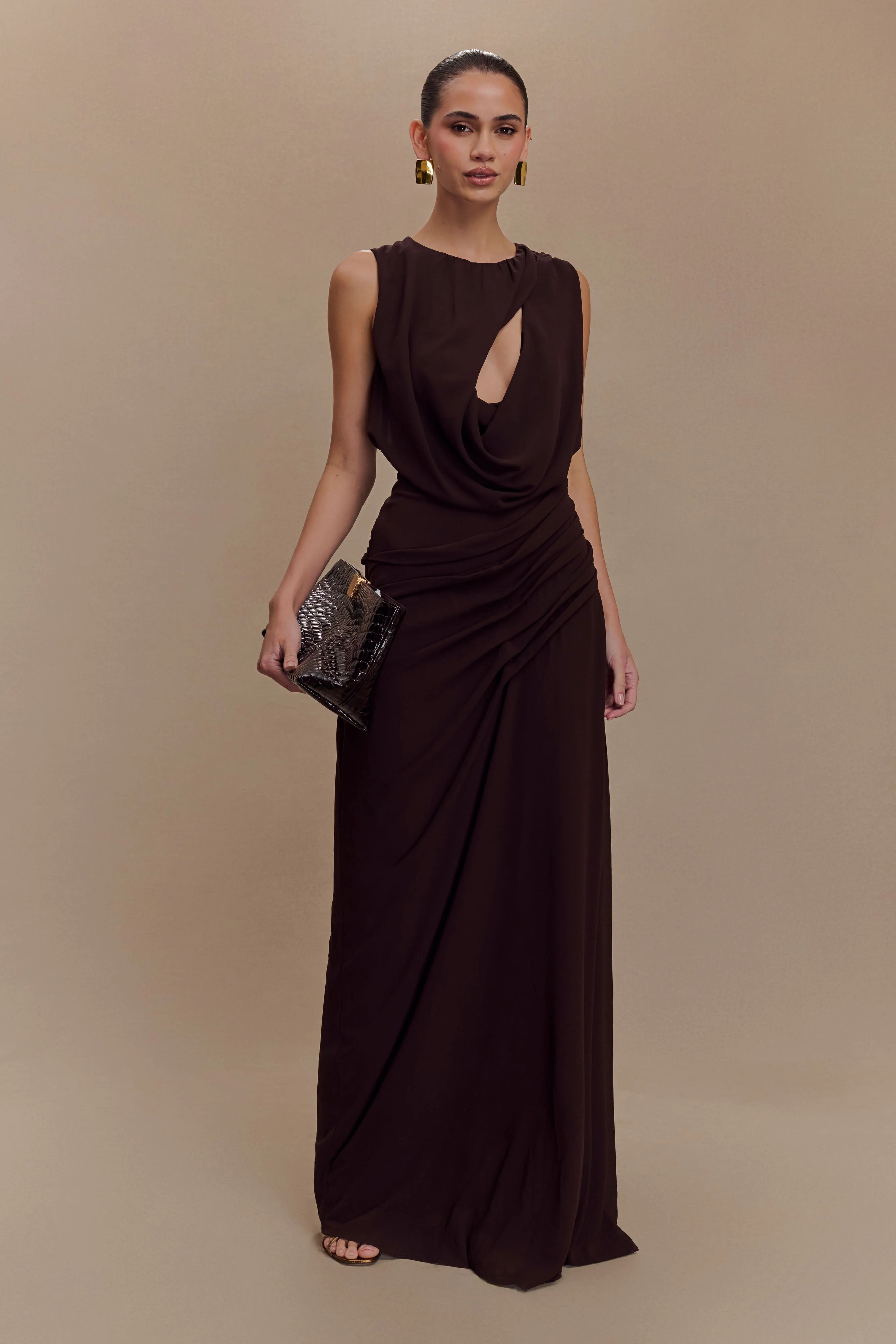 Oria Chiffon Maxi Dress - Cacao Brown | MESHKI US