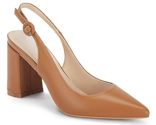 Women's Pointed Toe Block Heel Pumps Slingback Chunky Heel Slip On Work Party Dress Shoes Dark Khaki | Amazon (US)