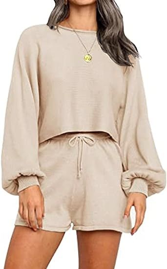 Ekouaer Knit Pajamas Set for Women Lounge Sets Long Puff Sleeve Top and Shorts 2 Piece Outfits Sw... | Amazon (US)