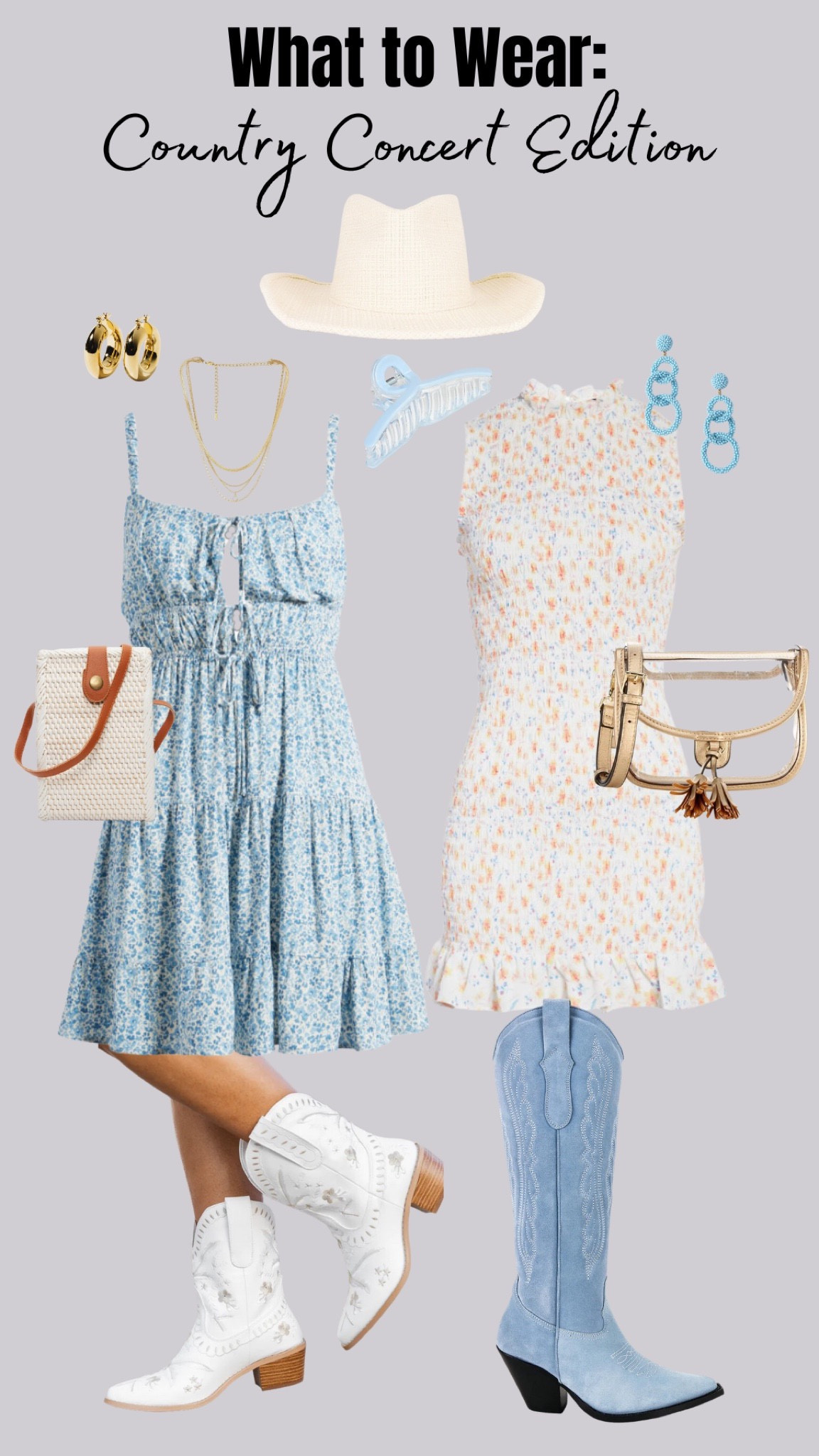 What to wear: country concert edition! Blue dress is under $50 and the white dress is 45% off!! 

#LTKsalealert #LTKunder50 #LTKFind