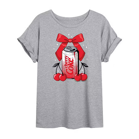 Bow Cherry Coke Tee Womens Juniors Crew Neck Short Sleeve Oversized Graphic T-Shirt, X-large, Gray | JCPenney