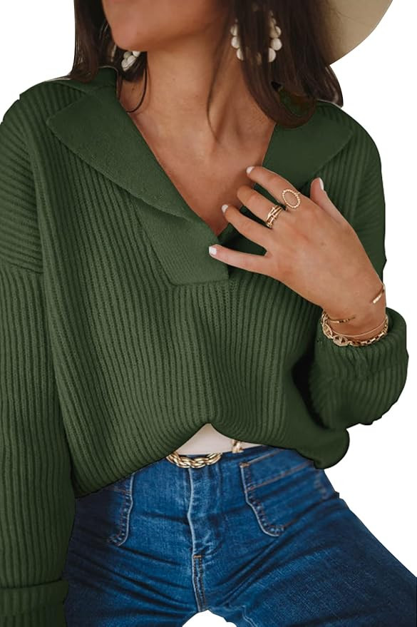 BTFBM Women Long Sleeve V Neck Fashion Sweater Solid Color Ribbed Knit Foldover Collar Pullover C... | Amazon (US)