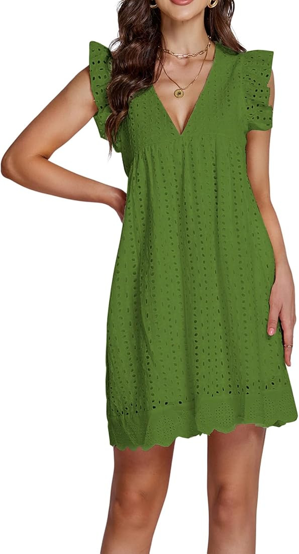 LYANER Women's Elegant Eyelet V Neck Ruffle Cap Sleeve Tank Babydoll A Line Mini Dress | Amazon (US)