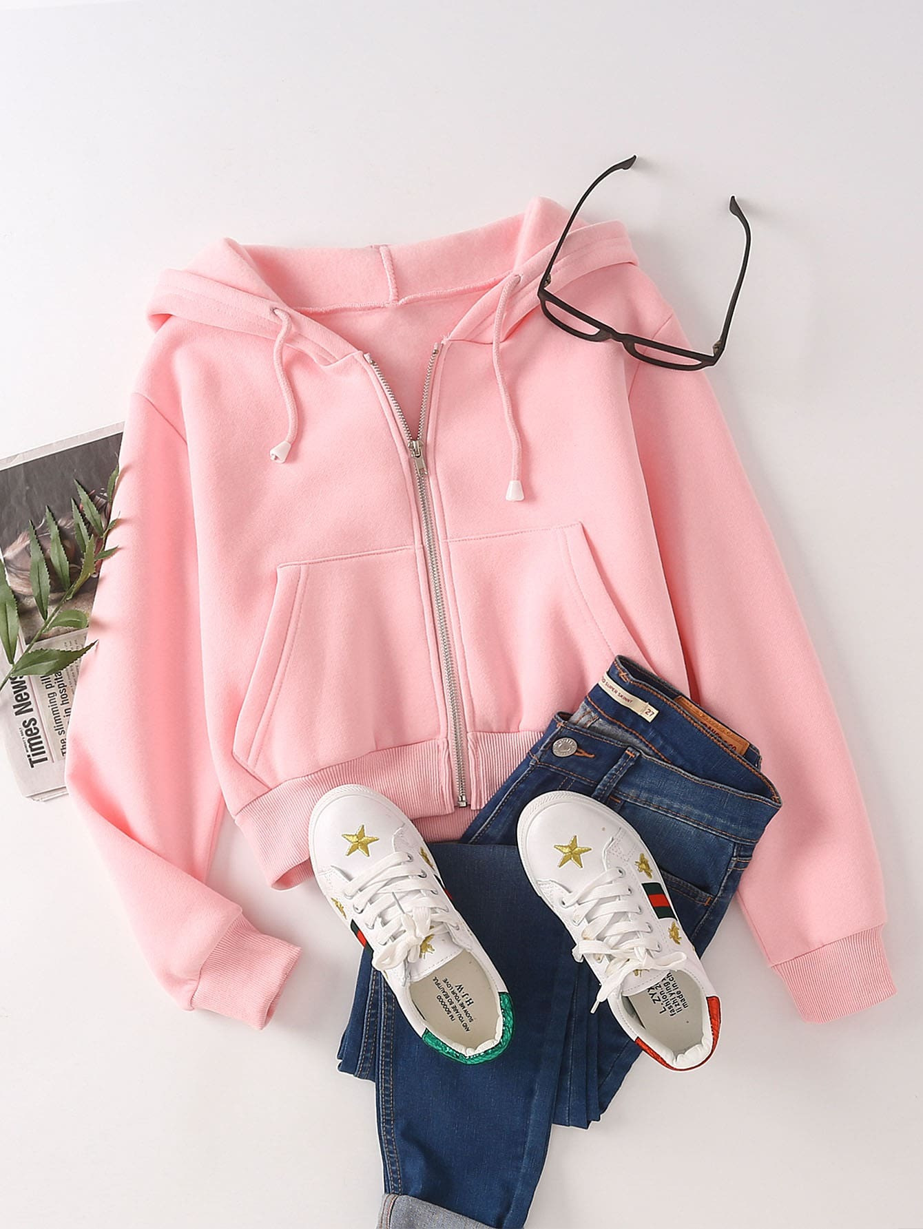 Kangaroo Pocket Drawstring Zip-up Hoodie | SHEIN