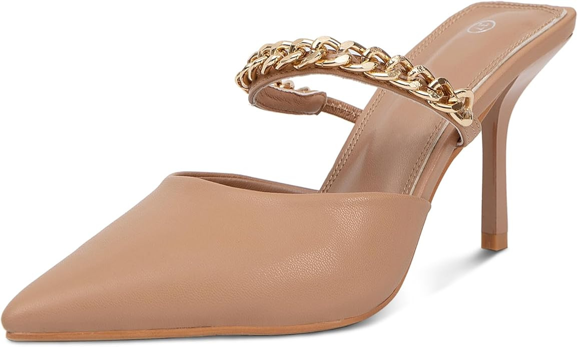 Jeesay Women's Pointed Toe Mules Stilettos Heels Sandals Slip on Gold Chains Mary Jane Dress Pump... | Amazon (US)