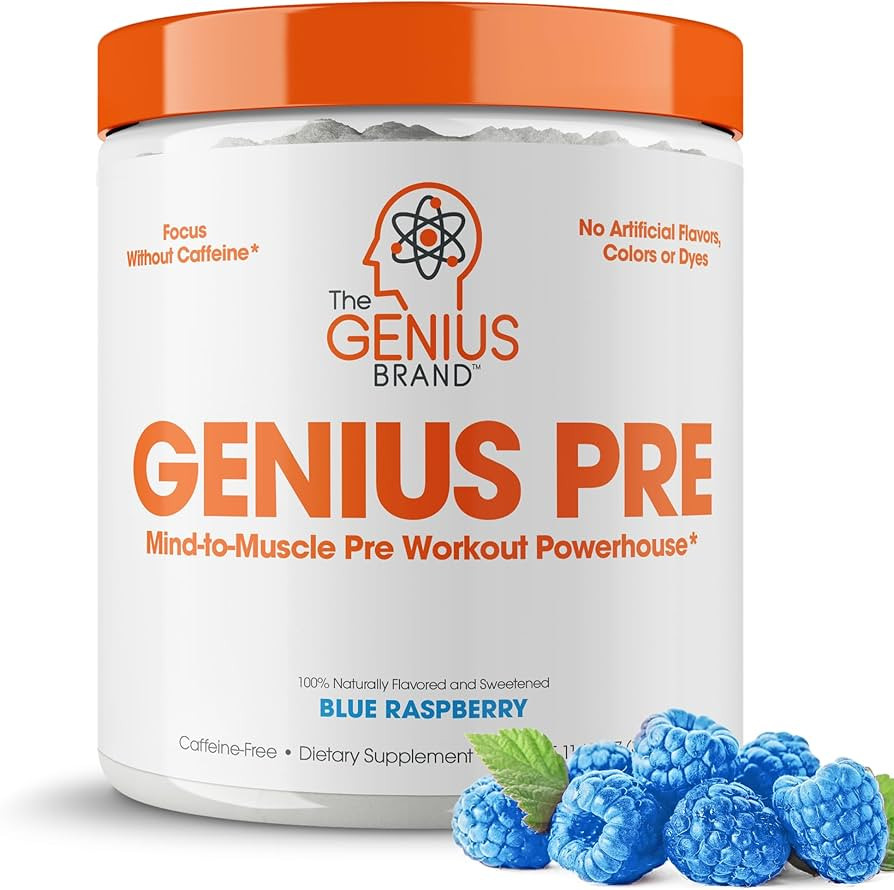 Genius Pre Workout Powder, Blue Raspberry - All-Natural Nootropic Pre-workout & Caffeine-Free Nit... | Amazon (US)