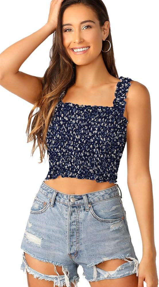 SheIn Women's Casual Frill Smocked Crop Cami Tank Shirred Strap Sleeveless Top | Amazon (US)