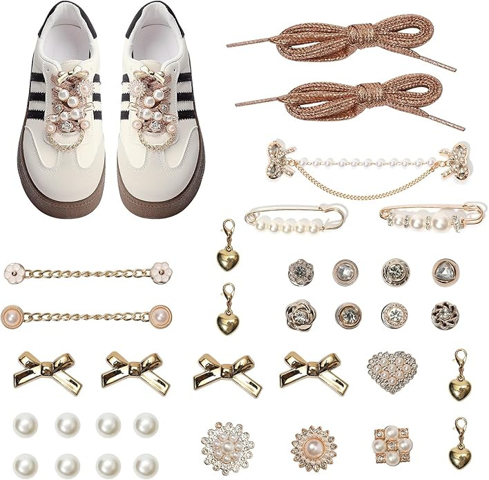 34Pcs Flower Shoe Charms for Sneakers Girls, Shoe Lace Charms Clips, Pearl Bows DIY Shoelace Char... | Amazon (US)