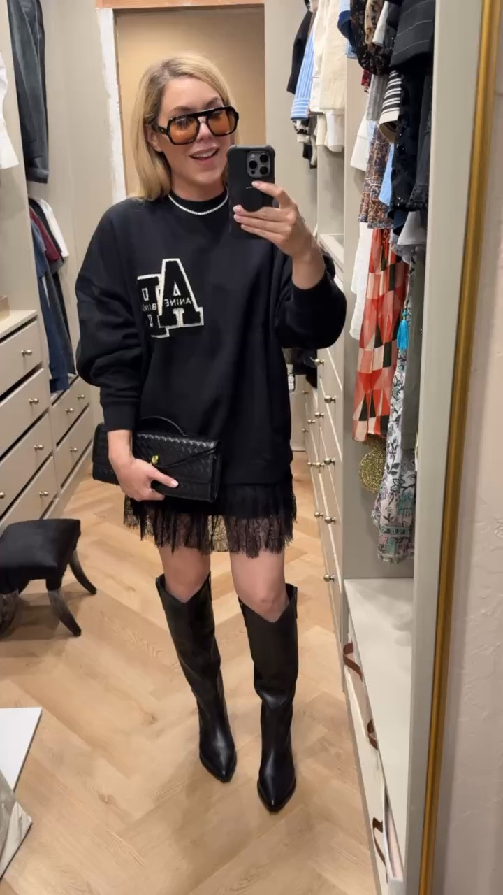 Anine Bing sweatshirt 
Lace skirt
Western boots 

#LTKSeasonal #LTKFindsUnder50