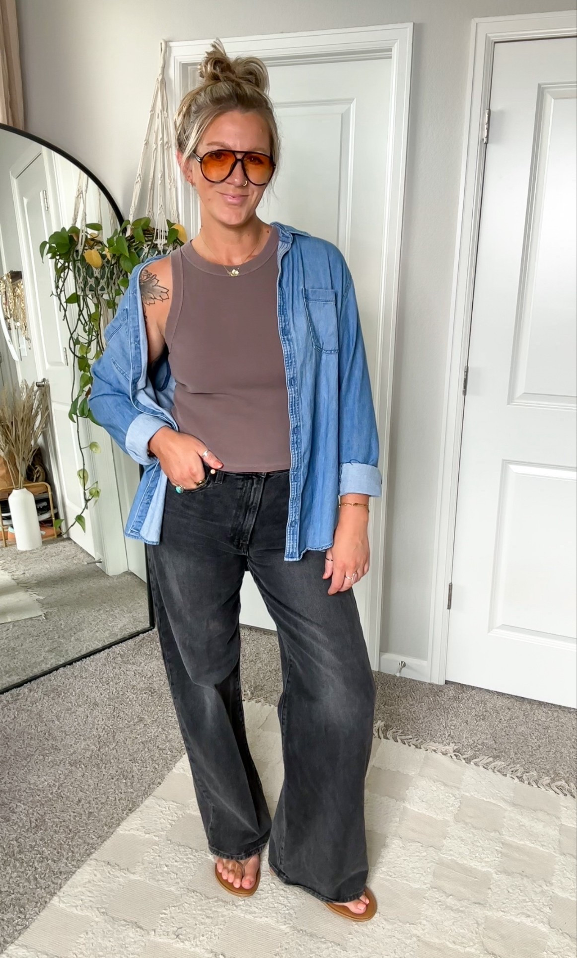 Tank on sale for $5! Denim shirt is 30% off! 
✨large tank, large tall denim shirt, 31x34 jeans, 11 wide flip flops 

#LTKOver40 #LTKSaleAlert #LTKTall