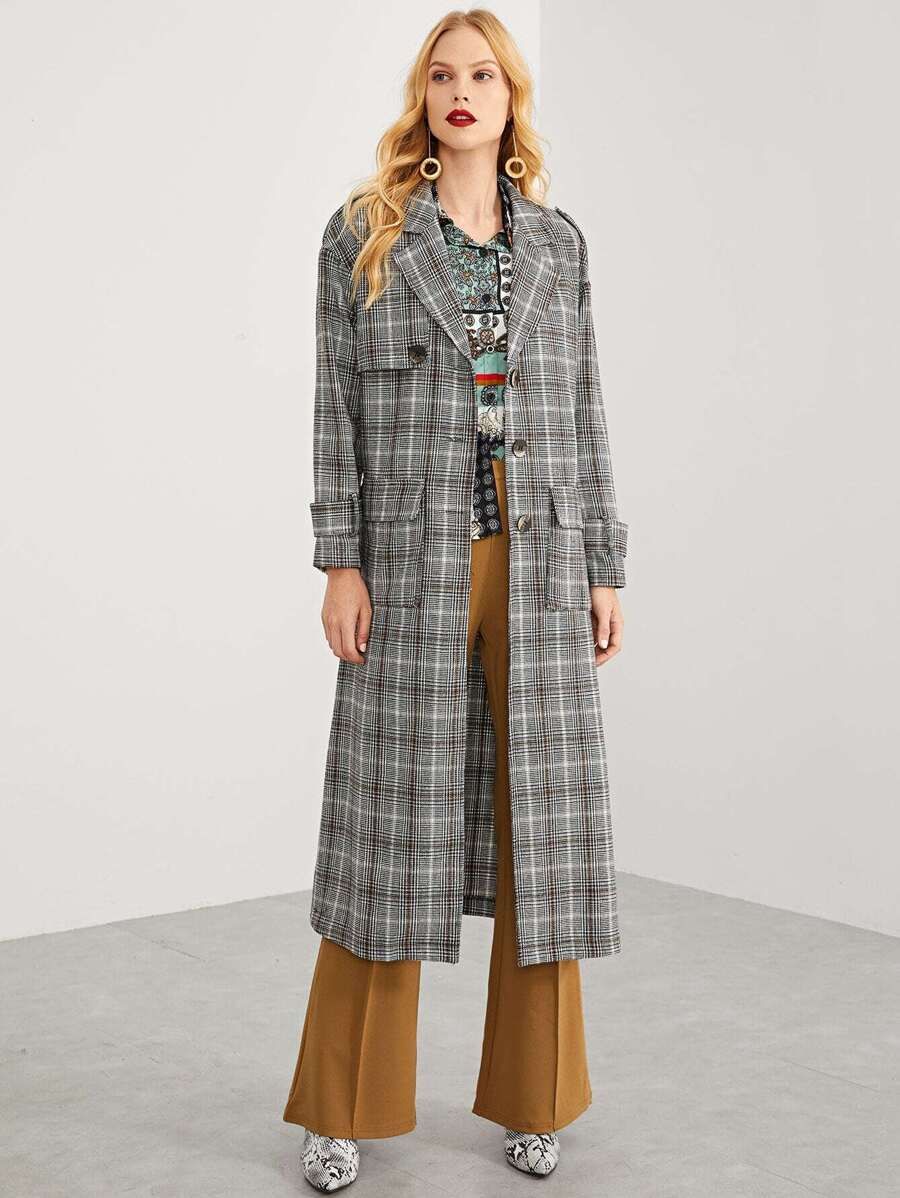 Notch Collar Pocket Front Plaid Longline Trench Coat | SHEIN