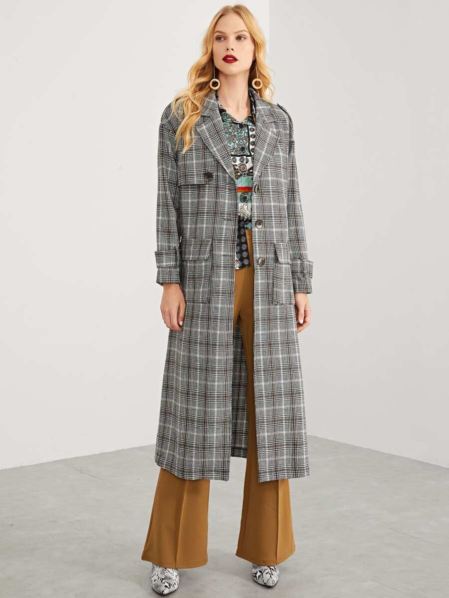 Notch Collar Pocket Front Plaid Longline Trench Coat | SHEIN