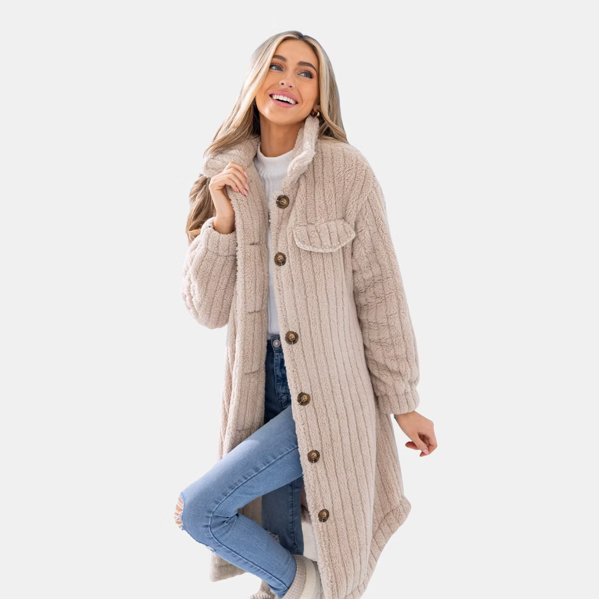 Women's Faux Shearling Button-Front Longline Coat-Cupshe-M-Khaki | Target