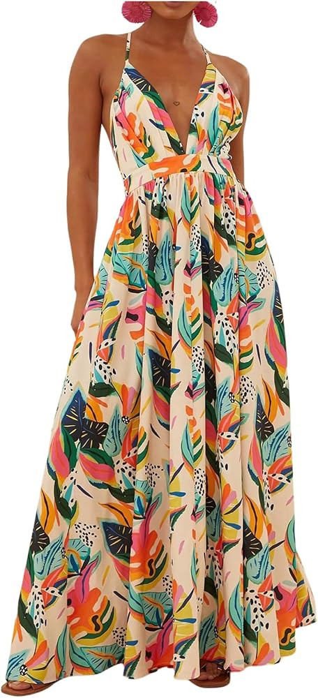 RoseSeek Women's Colorful Botanical Print Halter Dress Deep V Neck Cross Back Maxi Dress Vacation... | Amazon (US)