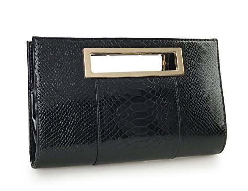 HOXIS Classic Crocodile Pattern Faux Patent Leather Metal Grip Cut it out Clutch with Shoulder Strap Womens Handbag(Black) | Amazon (US)