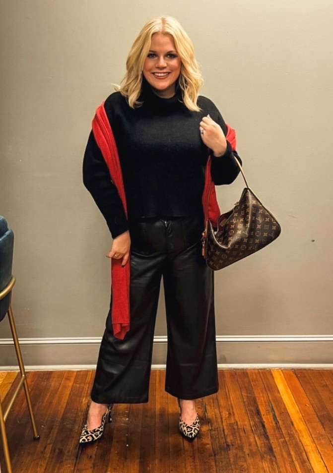 Saturday night look.
I'm so swooning over these pants.
It's unreal how comfortable they are.
A pop of red cashmere because, tis the season!
Animal print, leopard print, leather pants, Revolve, Quince

#LTKOver40 #LTKHoliday #LTKdayinmylife