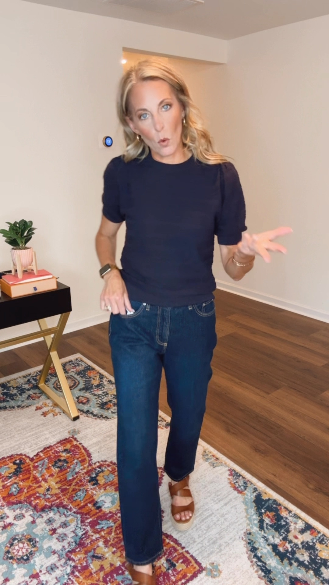 Mid rise slim leg ankle jeans, $26. These are a classic midrise jeans designed to to flatter and looks good on everybody. They embrace your natural fit with a comfort slim fit. Stop right at the angles that you can show off your favorite shoe crush.  The perfect jeans for teaching very professional- go with your normal size. 

Teacher, gene teacher, outfits teacher style