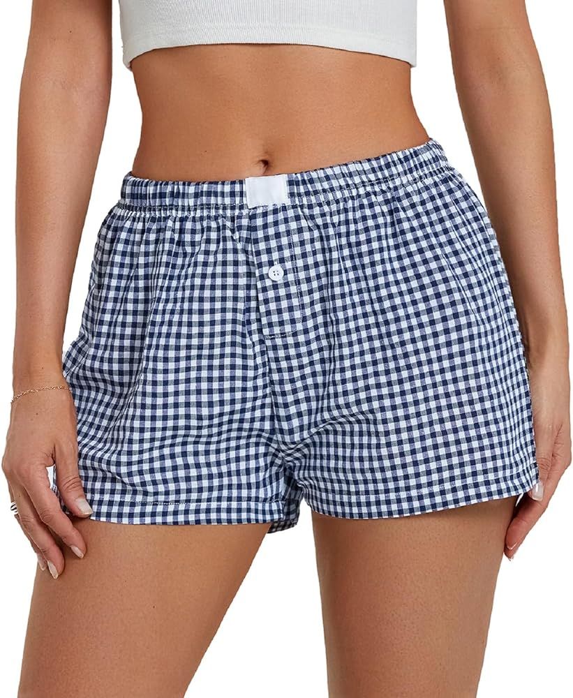 Women Y2k Plaid Shorts Elastic Waisted Gingham Pajama Shorts Plaid Boxers Shorts Lounge Sleep Sho... | Amazon (US)