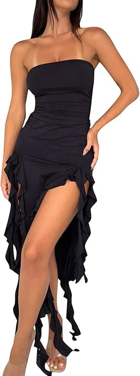 Birthday Dress for Women Y2K Sexy Strapless Bodycon Tube Dress with Ruffle Tassel for Club Party ... | Amazon (US)