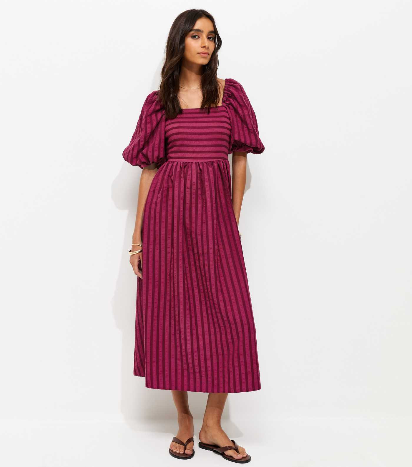 Dark Pink Puff Sleeve Striped Midi Dress | New Look | New Look (UK)