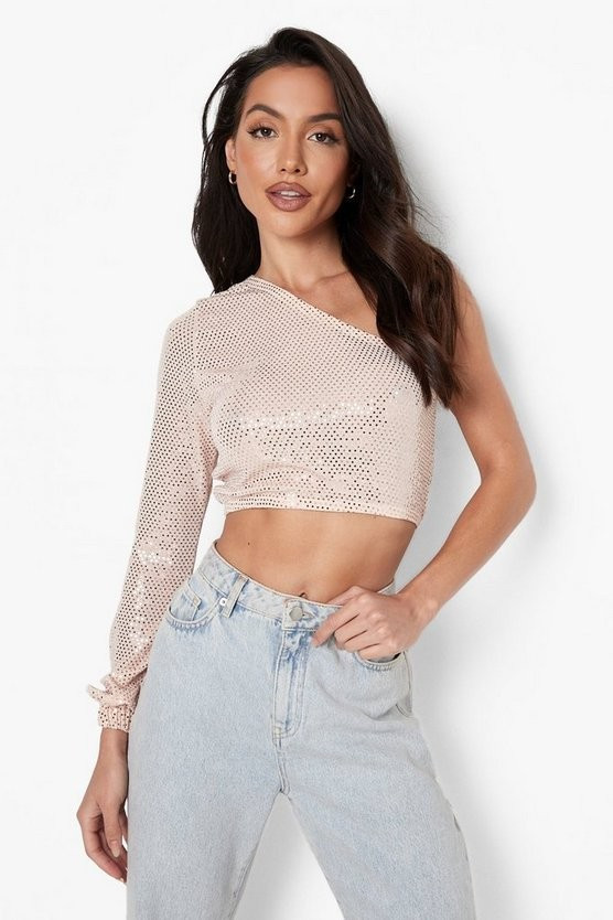 Sequin One Shoulder Crop Top | Boohoo.com (US & CA)