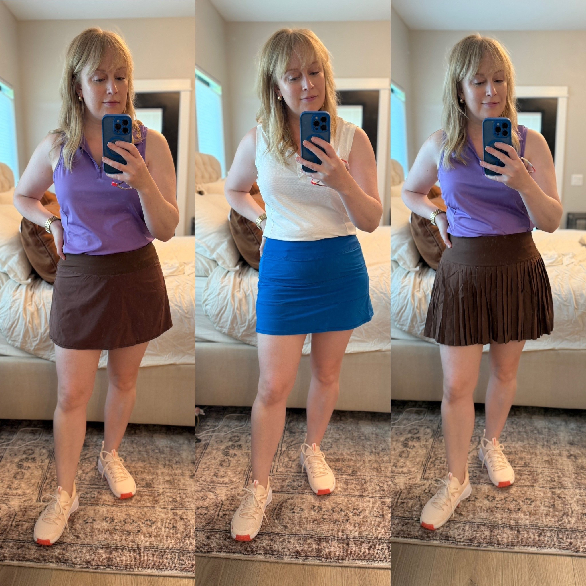 New golf outfits. Wearing larges in the bottoms and mediums in the tops. 