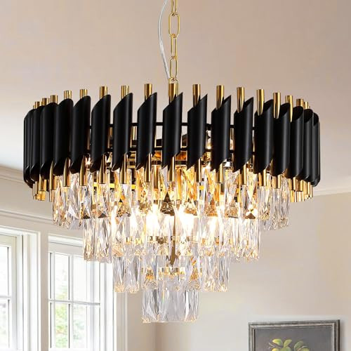 Sparklelf Modern Crystal Chandelier, 20’’ Round Chandelier Black and Gold 4 Tiers K9 Crystal Chandelier for Foyer 9-Light Luxury Ceiling Pendant Light for Dining Room Living Room Bedroom | Amazon (US)