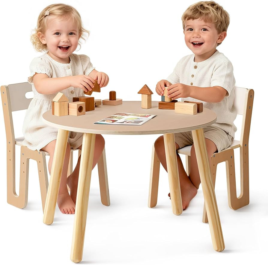 ROBOTIME Wooden Kids Table and Chairs, Adjustable Height Toddler Table and Chair Set, Round Kids ... | Amazon (US)
