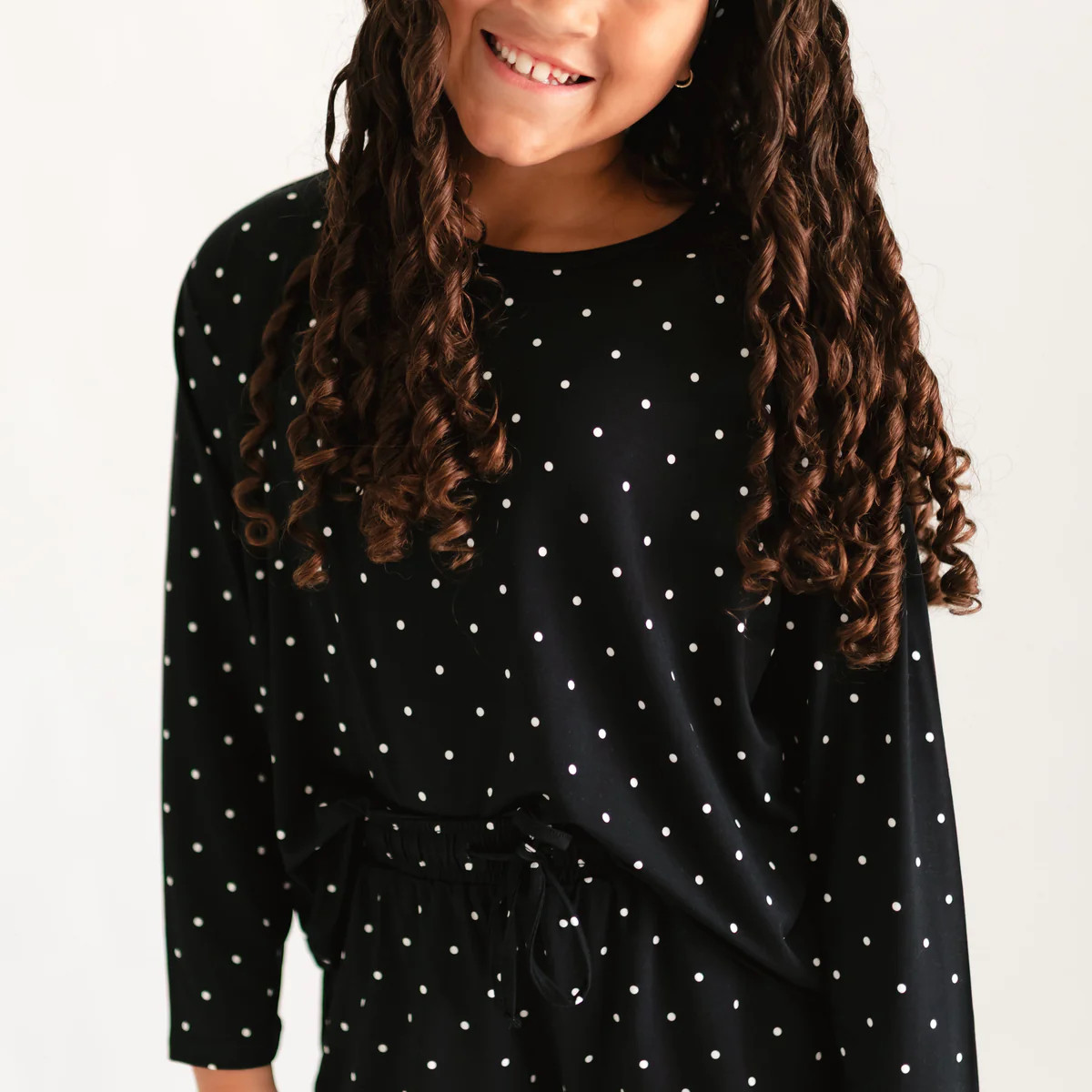 Girl's Long Sleeve and Ruffle Shorts Set in Black Polka Dot | Silks Design