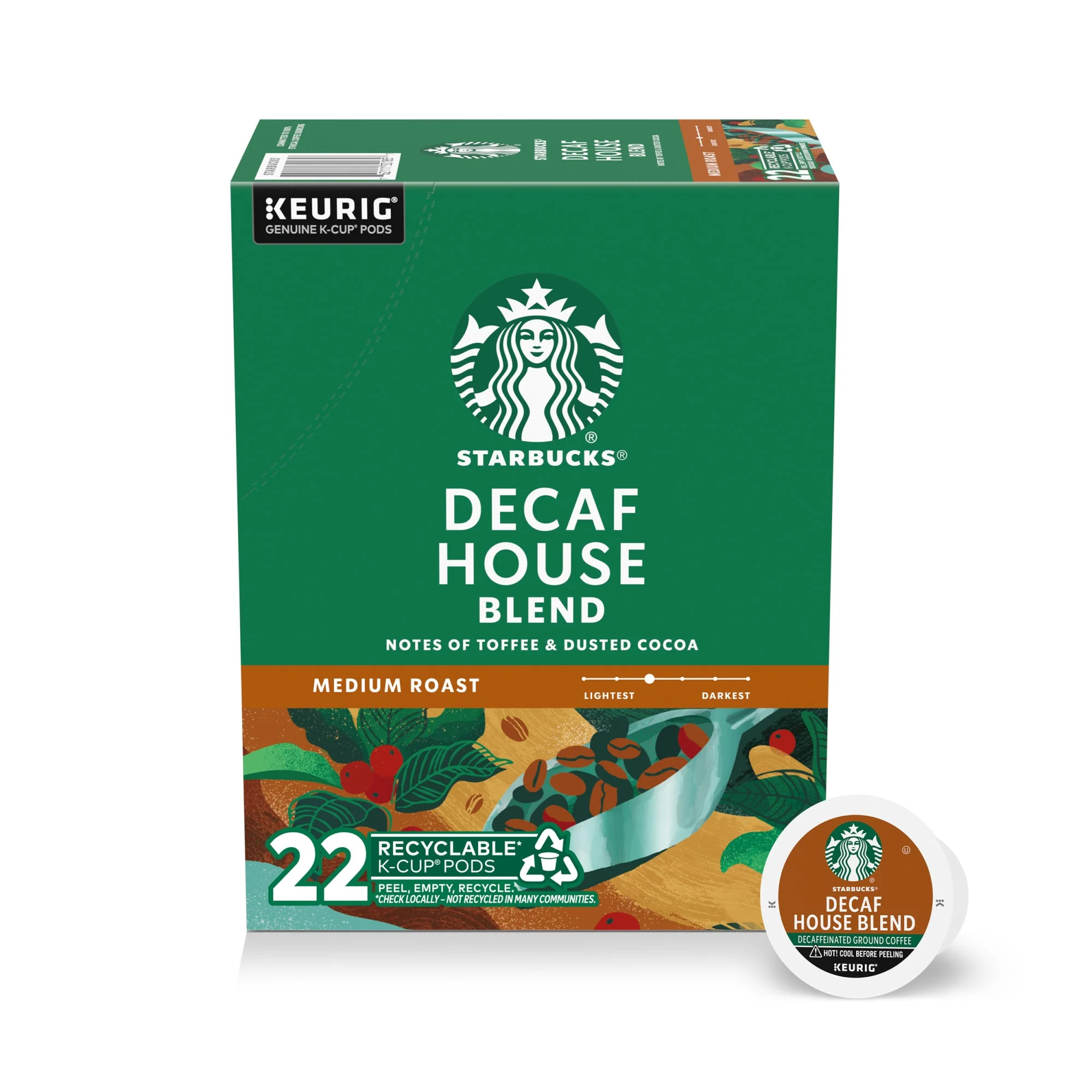 Starbucks Decaf House Blend, Hot or Iced Coffee, Medium Roast K-Cup Coffee Pods, 22 Count​ | Walmart (US)