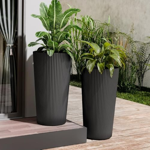 Trygoal 23.6" Tall Planters for Outdoor Plants,Large Outdoor Planters for Front Porch Decor with Drainage Hole, Flower Pots Fits Indoor Plants Patio/Garden, Plastic Striped Black (2 Pack) | Amazon (US)