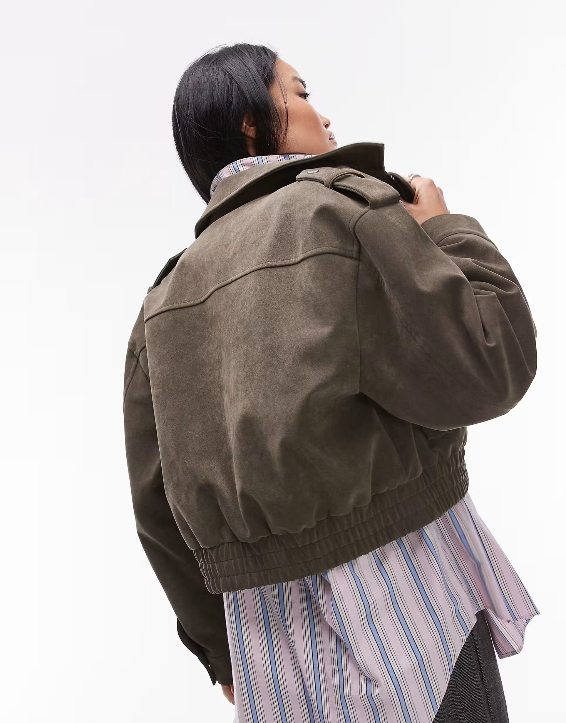 Topshop cropped faux suede bomber jacket with popper details in khaki | ASOS | ASOS (Global)