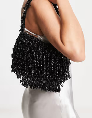 ASOS DESIGN dual wear clutch shoulder bag with fringe beading in black | ASOS (Global)