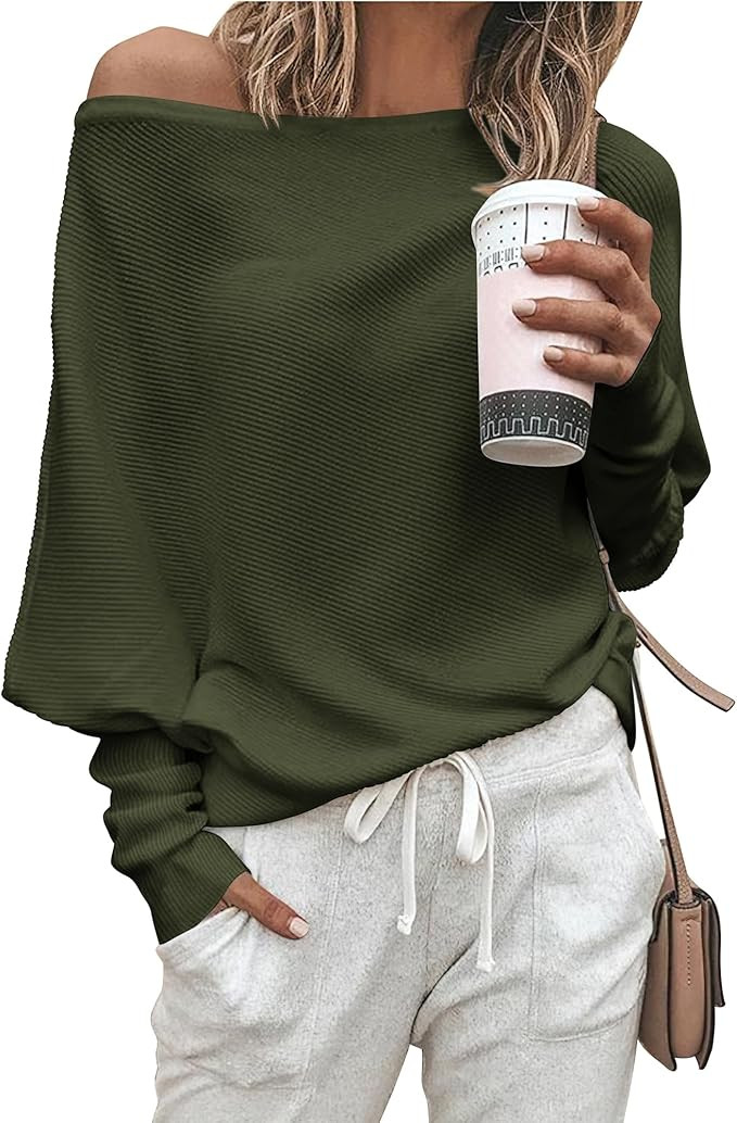 Zenlonr Women's Fall Sweaters 2025 Casual Long Batwing Sleeve Loose Off Shoulder Knit Pullovers J... | Amazon (US)