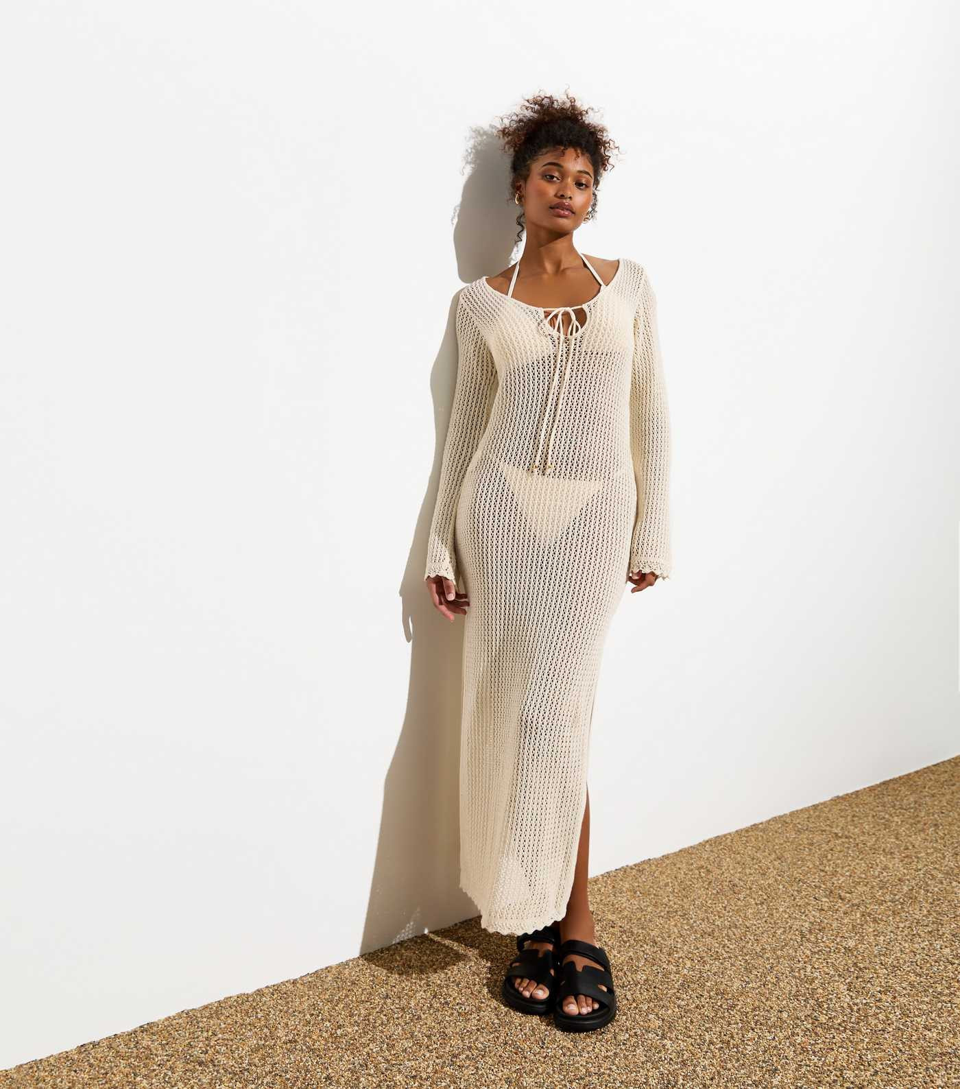 Cream Crochet Knit Long Sleeve Split Hem Maxi Dress | New Look | New Look (UK)