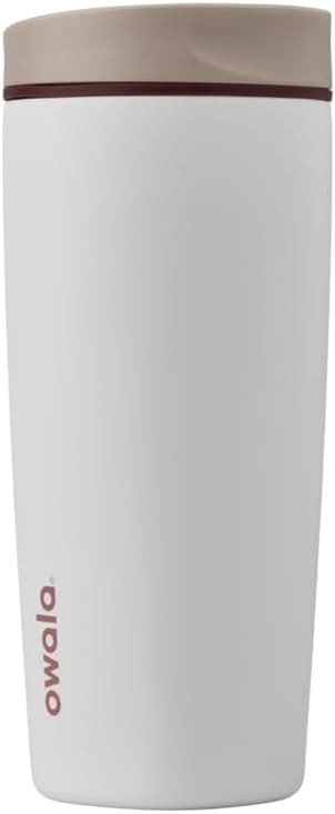 Owala SmoothSip Slider Insulated Stainless Steel Coffee Tumbler, Reusable Iced Coffee Cup, Hot Coffee Travel Mug, BPA Free 20 oz, Tan/White (Vanilla Bean) | Amazon (US)
