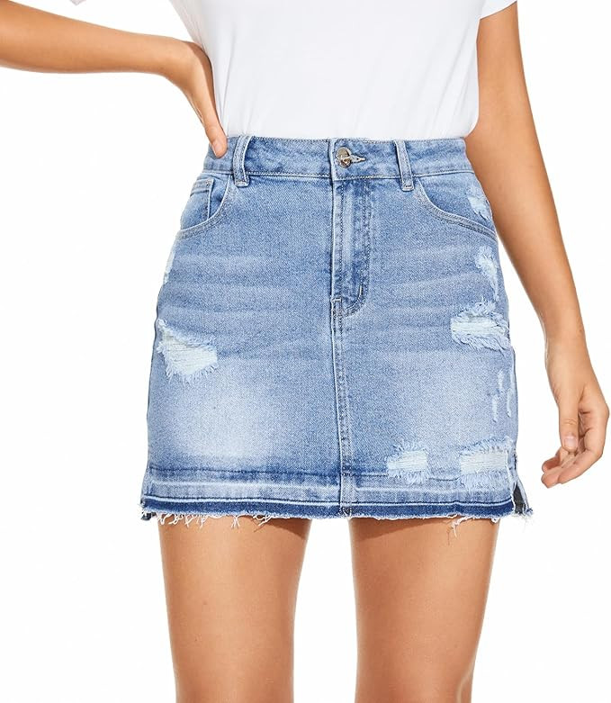 VIPONES Women Denim Skirt High Waist Raw Hem Stretch Ripped Casual Mini Jean Skirts | Amazon (US)