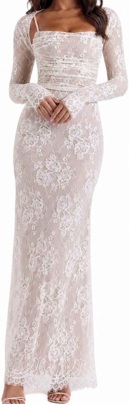 Women Vintage Cream Lace Maxi Dress Romantic Long Sleevees Lace Bodycon Dress | Amazon (US)