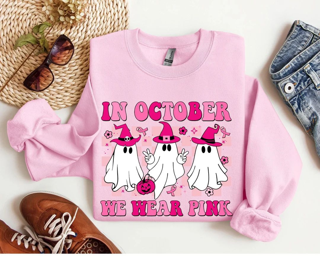 In October We Wear Pink Wizard Ghosts Sweatshirt, Breast Cancer Awareness Halloween T-shirt, Supp... | Etsy (US)