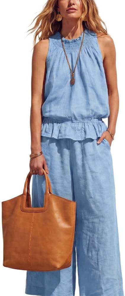 Linen Sets for Women 2 Piece Summer Outfits, Sleeveless Two Piece Sets for Women Summer Wide Leg ... | Amazon (US)