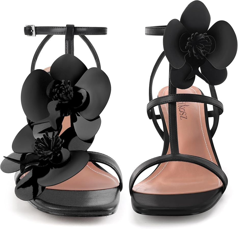 Women's Heel Sandals Flower Ankle Strap Square Open Toe Strappy Orchid Heels Dressy Sexy Wedding ... | Amazon (US)