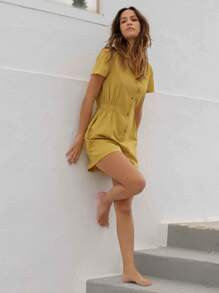 SHEIN Button Front Elastic Waist Romper | SHEIN