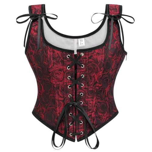 SHYMMUO Red Black Renaissance Corset Top for Women Lace Up Bustier Vest Rose Floral Vintage Overbust Waist Cincher Bodice L | Amazon (US)