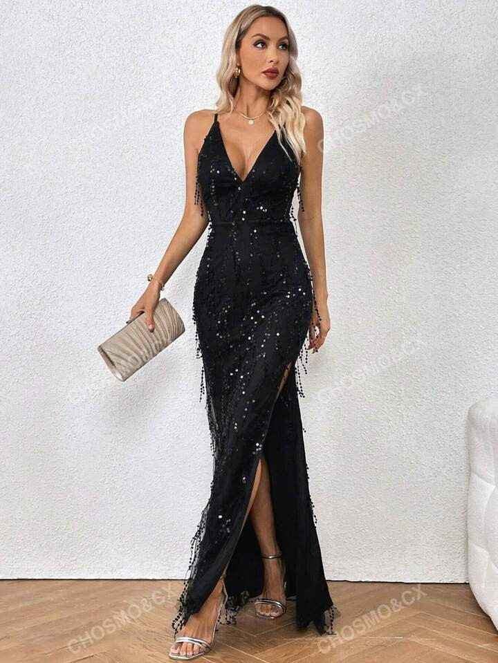 CHOSMO CHOSMO Christmas Halter Tassel Strapless Backless High Waist Side Split Sequin Maxi Skirt,... | SHEIN