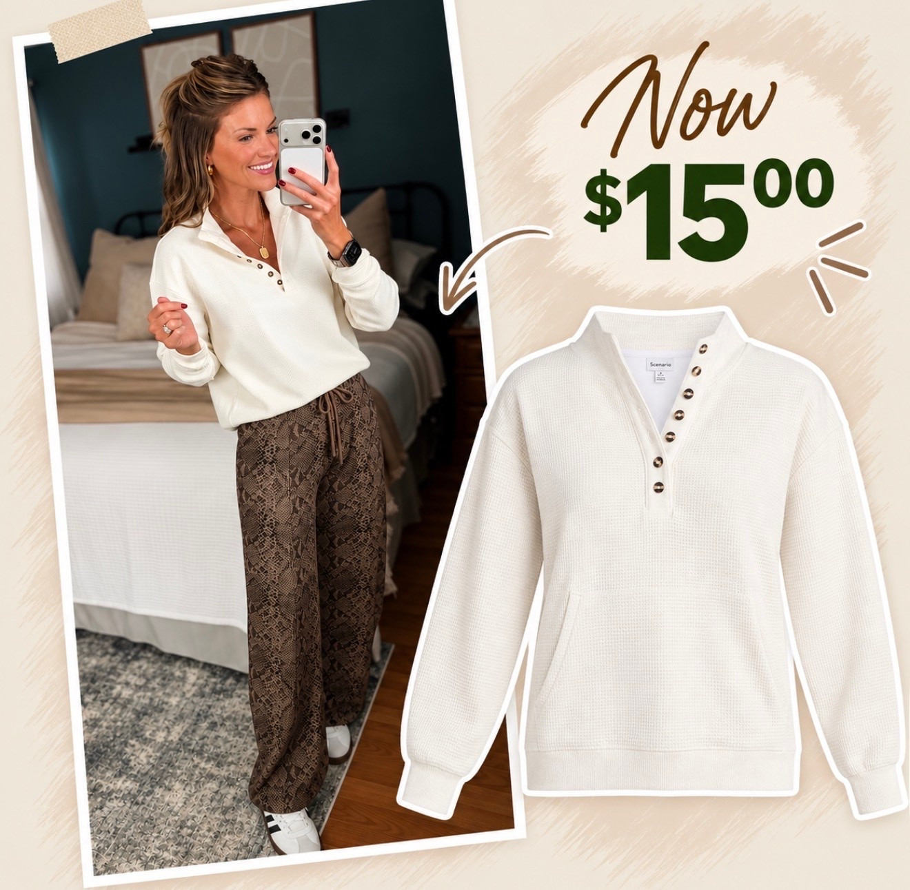 Walmart henley now marked down to $15. 
Wearing small in top and pants