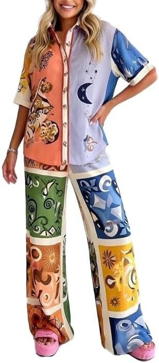 Women's Summer Print Two Piece Pajama Set Short Sleeve Outfits Button Down Tops Drawstring Long P... | Amazon (US)