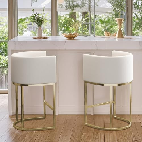 XLSLHOMW Bar Stools Set of 2, 26" Bar Stools with Back for Kitchen Counter, Modern Kitchen Counter Stools,Linen Snow White/Polished Gold Metal Base | Amazon (US)