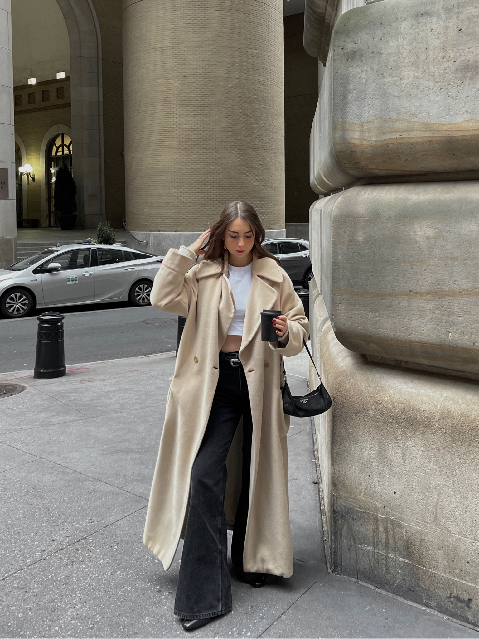 Parisian chic outfit inspiration 
Neutral style, casual ootd, everyday outfit, trench coat, wool coat, winter coat, flared jeans, black jeans, white tee, neutral outfit, street style inspo, Parisian style, classy streetwear, winter fashion, winter outfit 

#LTKworkwear #LTKstyletip #LTKSeasonal