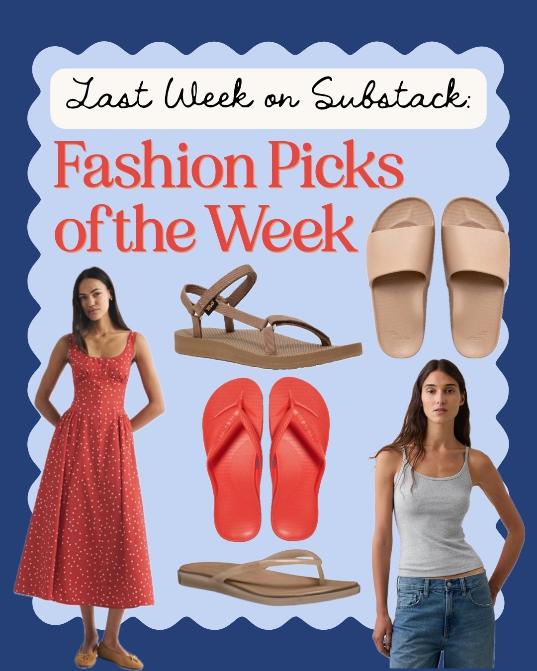 Some deals and products on our radar this week:

- Abercrombie is BOGO 50% off everything! Including my finally-restocked favorite red polka dot bra-free dress, and lots of good new arrivals.
- Gap 50% off your purchase, including sale items. AND you can save an extra 15% if you order from the app! I ordered the Modern Crop Cami in a size down because it looks really cute.
- DSW has $10/$20/$60 off your order of $49/$99/$149. A really great deal, and DSW sneakily has a lot of harder-to-find styles in stock, including these Croc flip-flops that have the comfort of Crocs but the look of a regular sandal.
- As always, Sarah’s favorite Tevas: The GOAT sandal of foot support.
- Archies is my favorite arch support brand for flip-flops that I’ve been wearing for years. I like their flip-flops for the pool and their slides as house shoes — true to size for both. They have lots of cute colors, but the full selection is only available on their website.

#LTKSaleAlert #LTKSwim #LTKMidsize