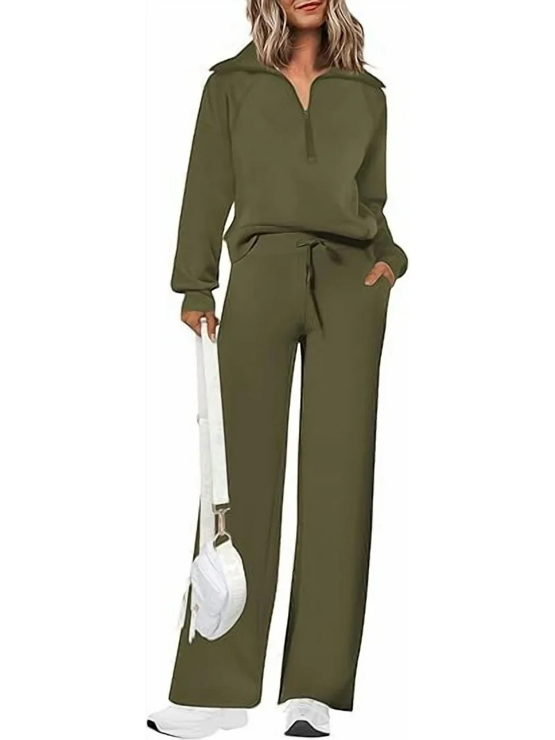 PRETTYGARDEN Women's 2 Piece Outfits Casual Lapel Half Zip Sweatshirts And Wide Leg Pants Tracksu... | Walmart (US)